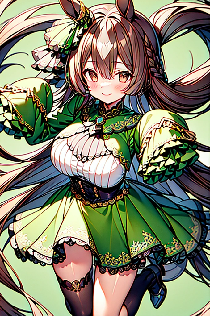 masterpiece, Highest quality, High resolution, Long Hair, Half Up, Braiding, Hair between the eyes, Animal ears, earrings, Horse tail, chest, Frills, Black Ascot, Green Dress, (Sleeves are longer than the wrist:1.2), Black knee socks, Vibrant colors, whole body, Outdoor, (大きなchest:0.8), smile