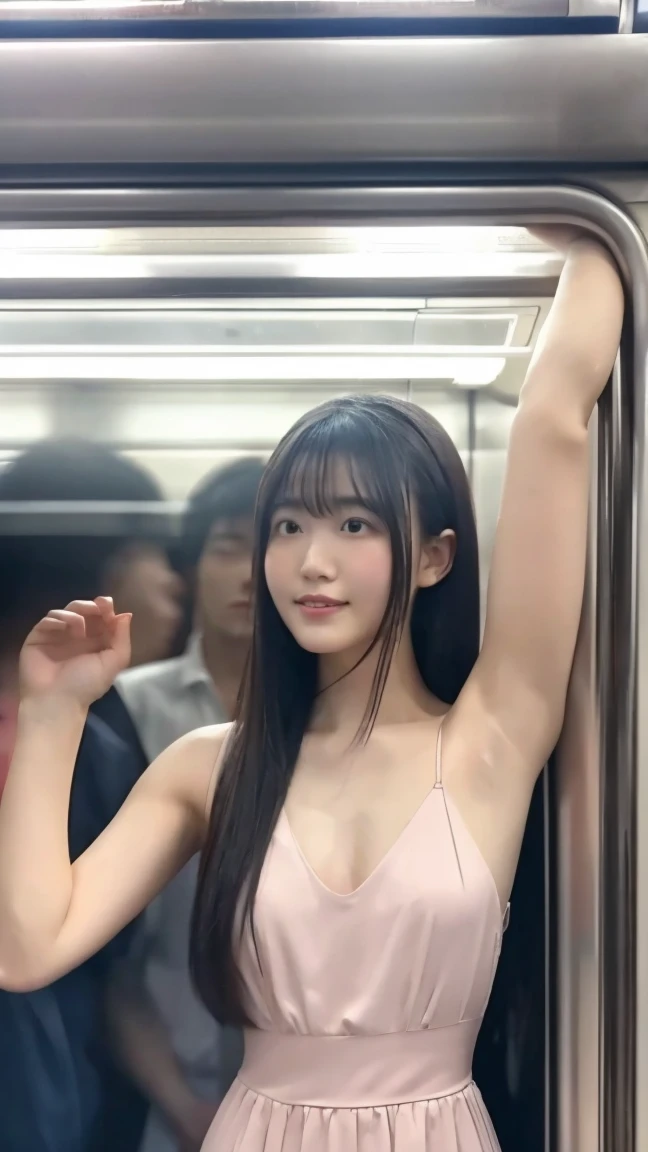 A crowded train on the way to work, Beautiful 24 year old Japanese woman, She has the prettiest face, A woman in a sleeveless summer dress is standing holding a suspension strap, Her armpits are visible, Private area is shaved, She looks shy, Photo realistic, ultra high  resolution, 8K, masterpiece