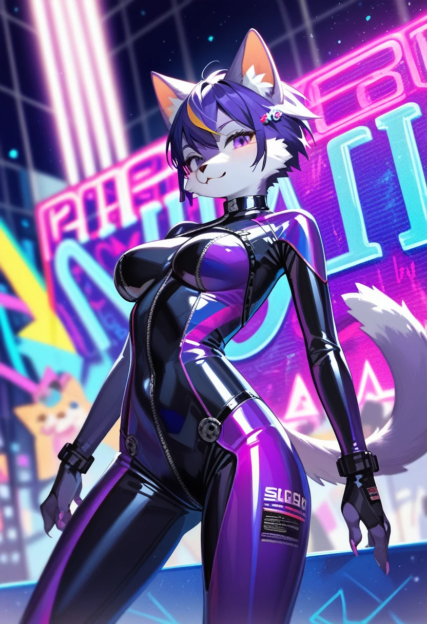 animation, Highest quality, Highest quality, High quality illustrations, masterpiece, Ultra-high resolution, Detailed Background, Disco, Graffiti art on the wall, Absurd, Perfect Anatomy, performance, Good lighting, Shadows in the movies(kemono, Furry PersonifiCation), Cat, White Skin, Purple Rubber Suit, latex, neon, neonライト, neonカラー, Bodysuits, Cyber Suit, cyber punk