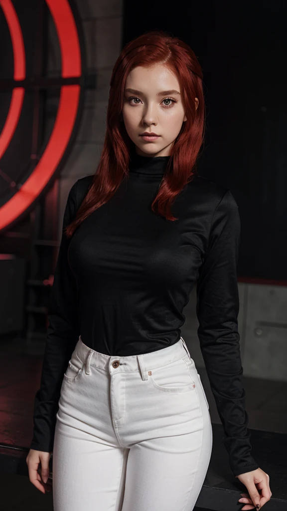 ((1 woman)), Alone, looking at the viewer, anime type red hair, wearing a red long sleeve blouse, a black pants, Anime red eyes, Upper part of the body, Gray background, realist, dioknigsreuter