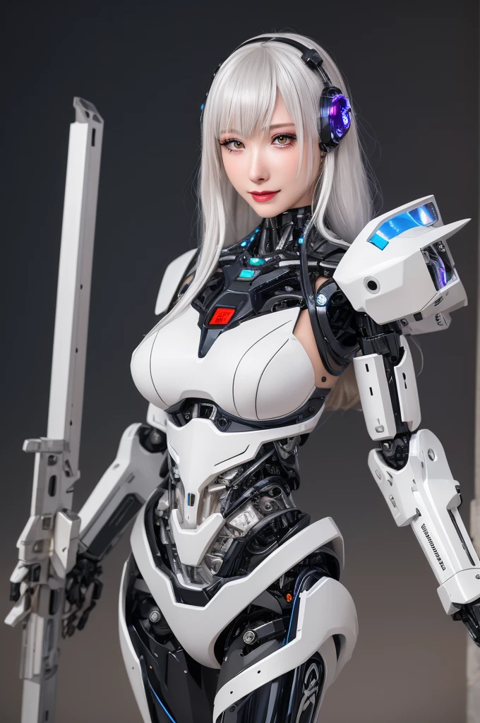 Super Detail, High Detail, high quality, best quality, High resolution，1 female robot，Beautiful female robot,beautiful clear face(Rain waves_haneame：1.5)， Realistic, High resolution, Soft Light,Hips up, (Detailed face), silver hair, long hair, Mecha Maiden, Colorful mechanical parts, mechanical joint, Thick mechanical armor,Weaponry, All metal body, Technology Antenna Hair Accessories