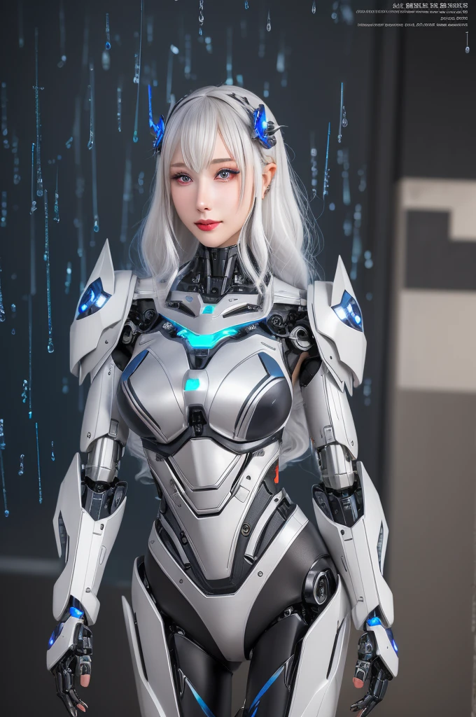 Super Detail, High Detail, high quality, best quality, High resolution,1 female robot,Beautiful female robot,beautiful clear face(Rain waves_haneame:1.5), Realistic, High resolution, Soft Light,Hips up, (Detailed face), silver hair, long hair, Mecha Maiden, Colorful mechanical parts, mechanical joint, Thick mechanical armor,Weaponry, All metal body, Technology Antenna Hair Accessories