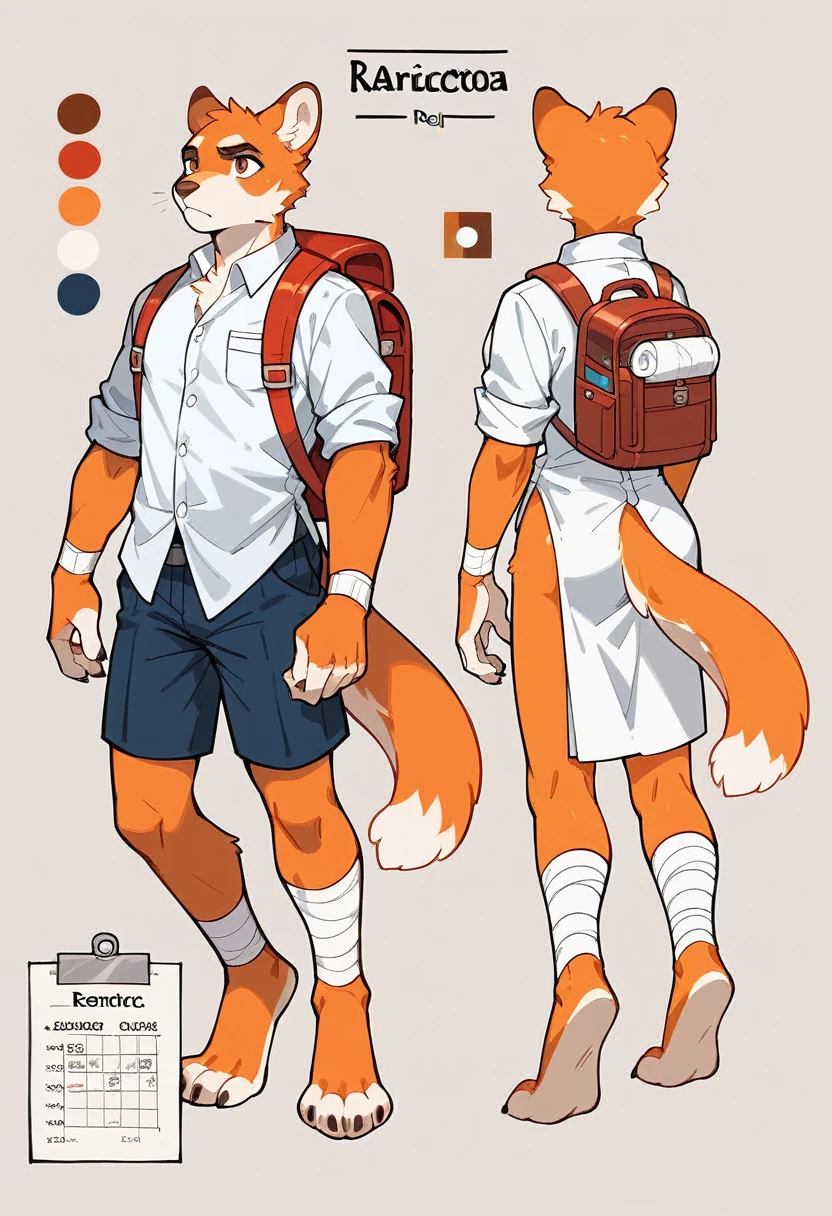 A highly detailed, best quality, RPG style, conceptual art, character sheet, perfect anatomy, anthro furry, architect, paper roll, backpack, redpanda