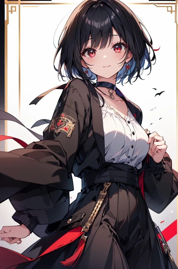 (masterpiece, highest quality, highest quality, (No text), Beautiful and aesthetic:1.2),No text,アニメ、BREAK,One Girl,Black Hair Girl short hair older sister choker Beautiful eyes Red eyes cool smile Red and Black Black jacket mini skirt whole body In town