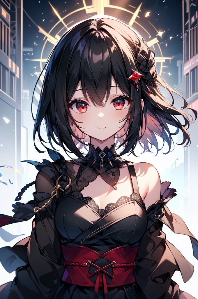 (masterpiece, highest quality, highest quality, (No text), Beautiful and aesthetic:1.2),No text,アニメ、BREAK,One Girl,Black Hair Girl short hair older sister choker Beautiful eyes Red eyes cool smile Red and Black Black jacket mini skirt whole body In town