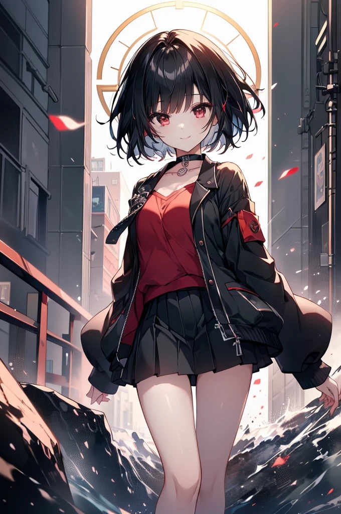 (masterpiece, highest quality, highest quality, (No text), Beautiful and aesthetic:1.2),No text,アニメ、BREAK,One Girl，Black Hair Girl　short hair　older sister　choker　Beautiful eyes　Red eyes　cool　smile　Red and Black　Black jacket　mini skirt　whole body　In town