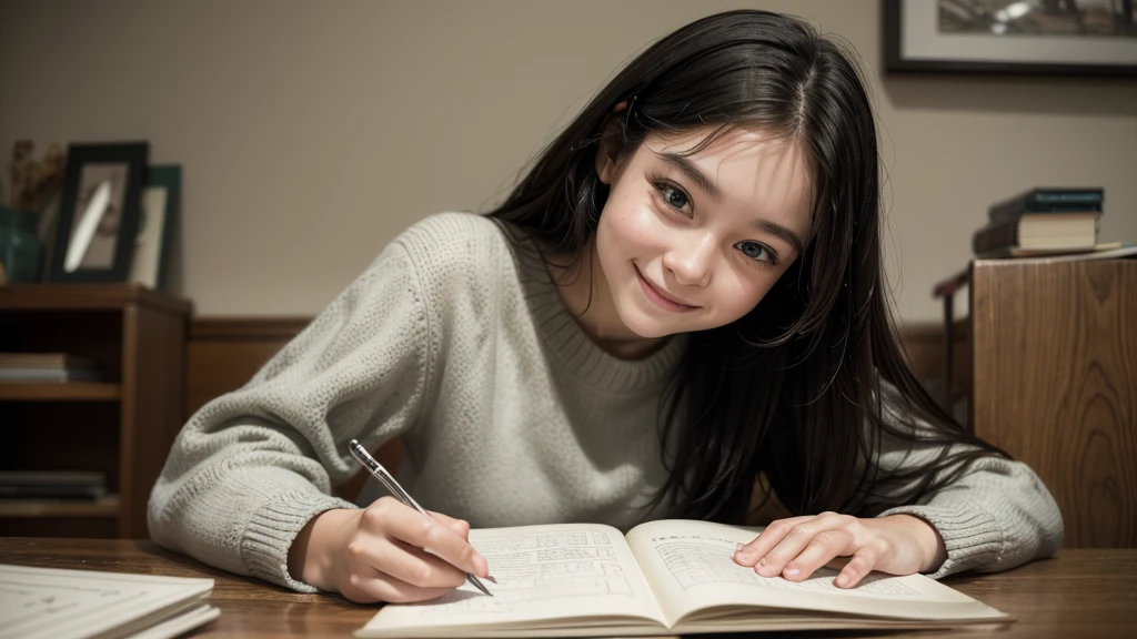 A young woman discovering an old sketchbook on a rainy afternoon, with a nostalgic smile on her face as she flips through the pages.