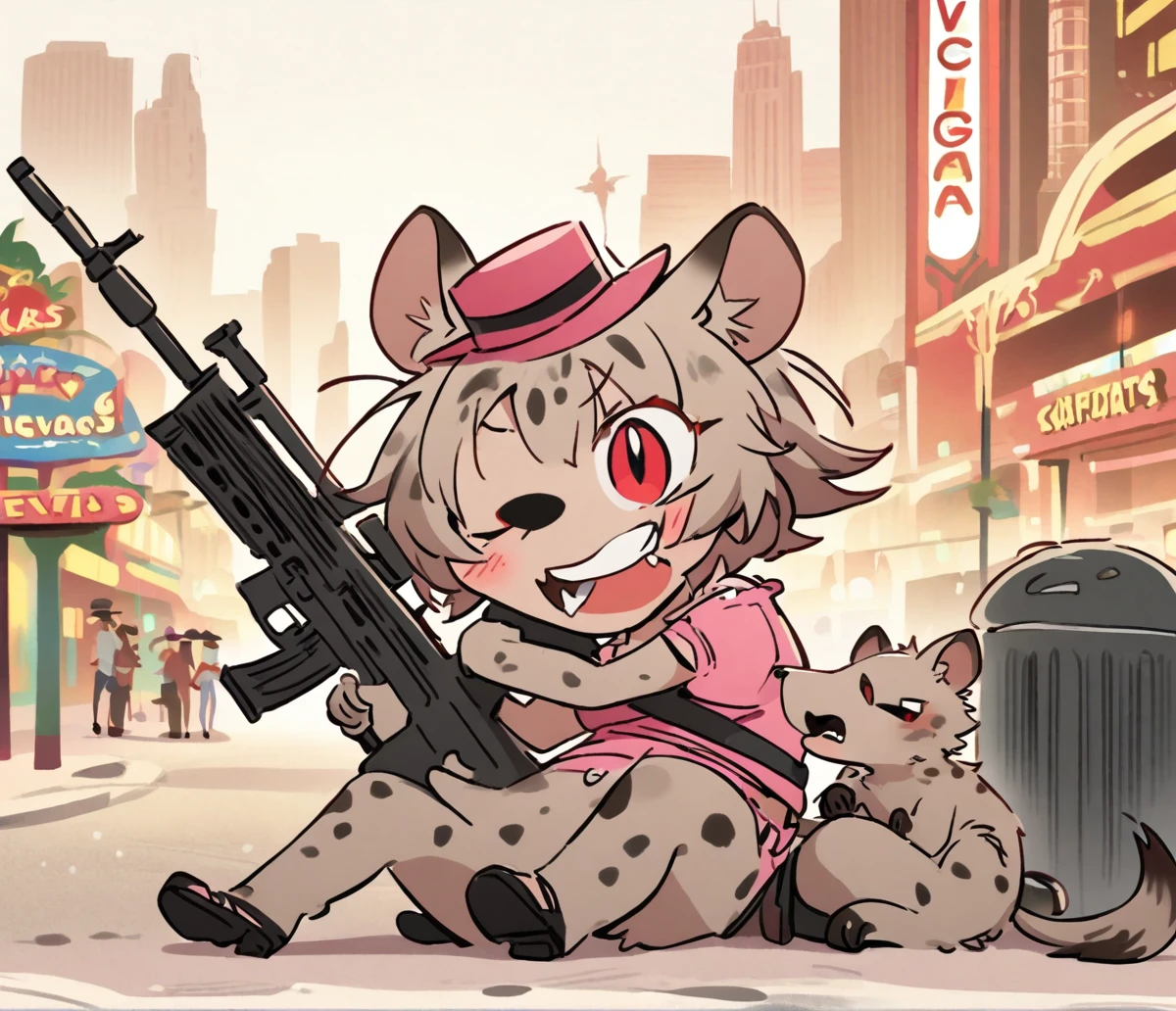 hyena, Circle Eye, small red Pupil, pink top hat, holding Machinegun, Las Vegas
