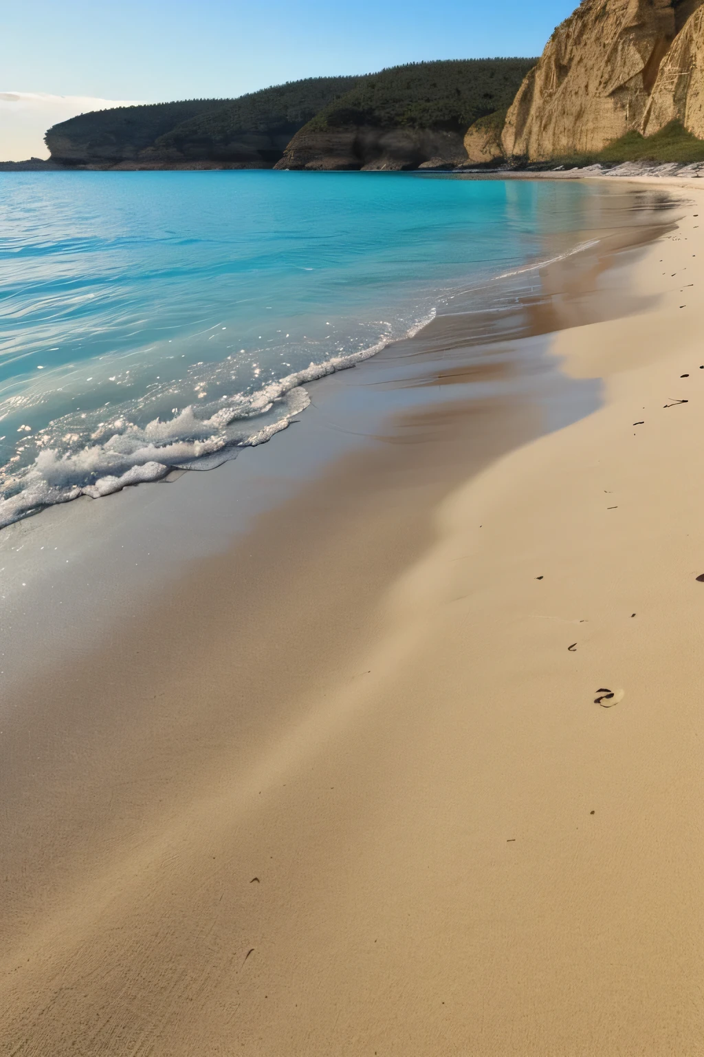 "Describe a beautiful, secluded beach with crystal-clear waters, pristine sands, and no people in sight."