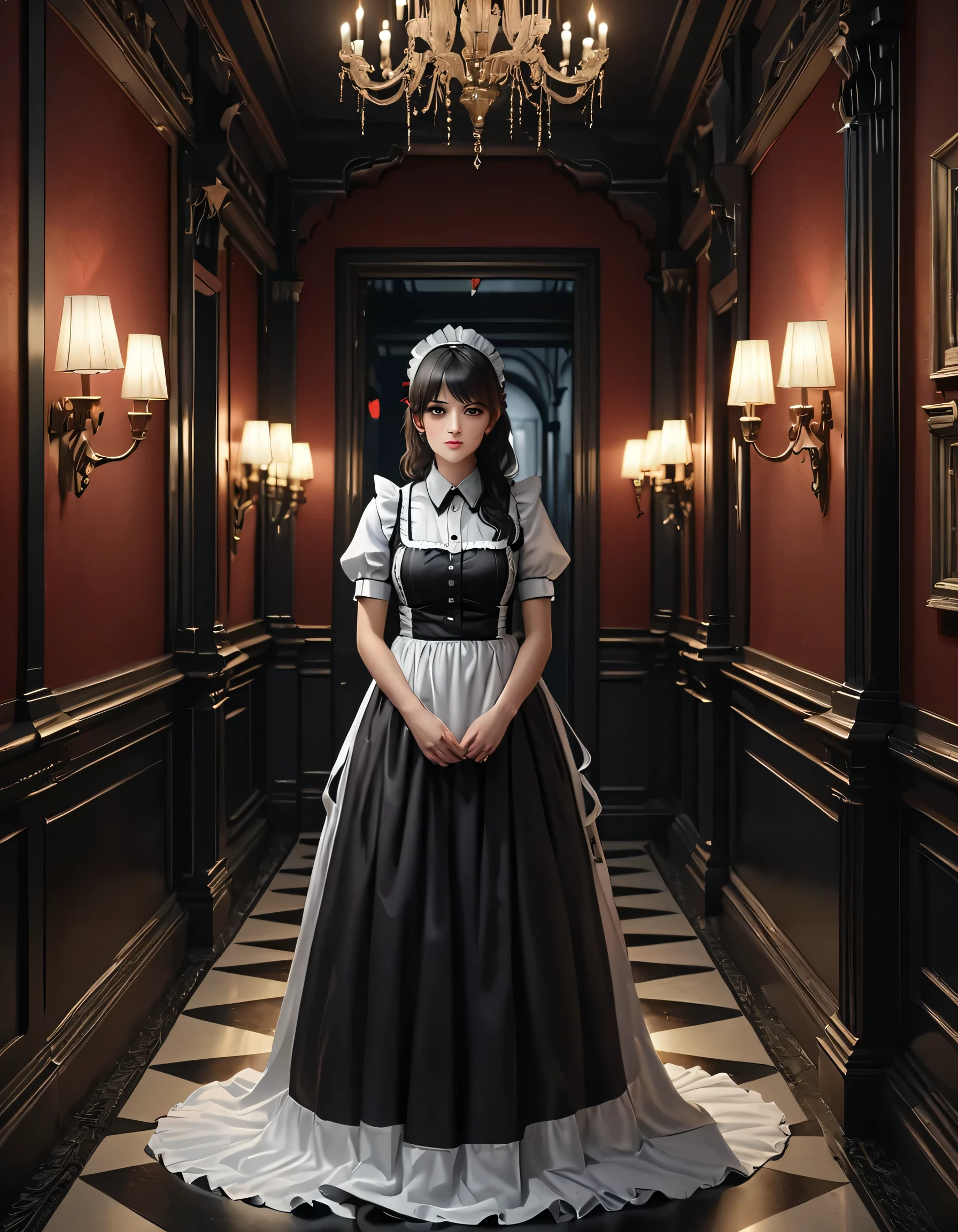 high quality, detailed, Realistic,(25 years old beautiful maid), (detailed dark red eyes), (black long hair),large beasts,(shiny skin),dark night palace corridor, candle,best quality,4k,8k,highres,masterpiece:1.2),ultra-detailed,(realistic,photorealistic,photo-realistic:1.37), looking at viewer,
