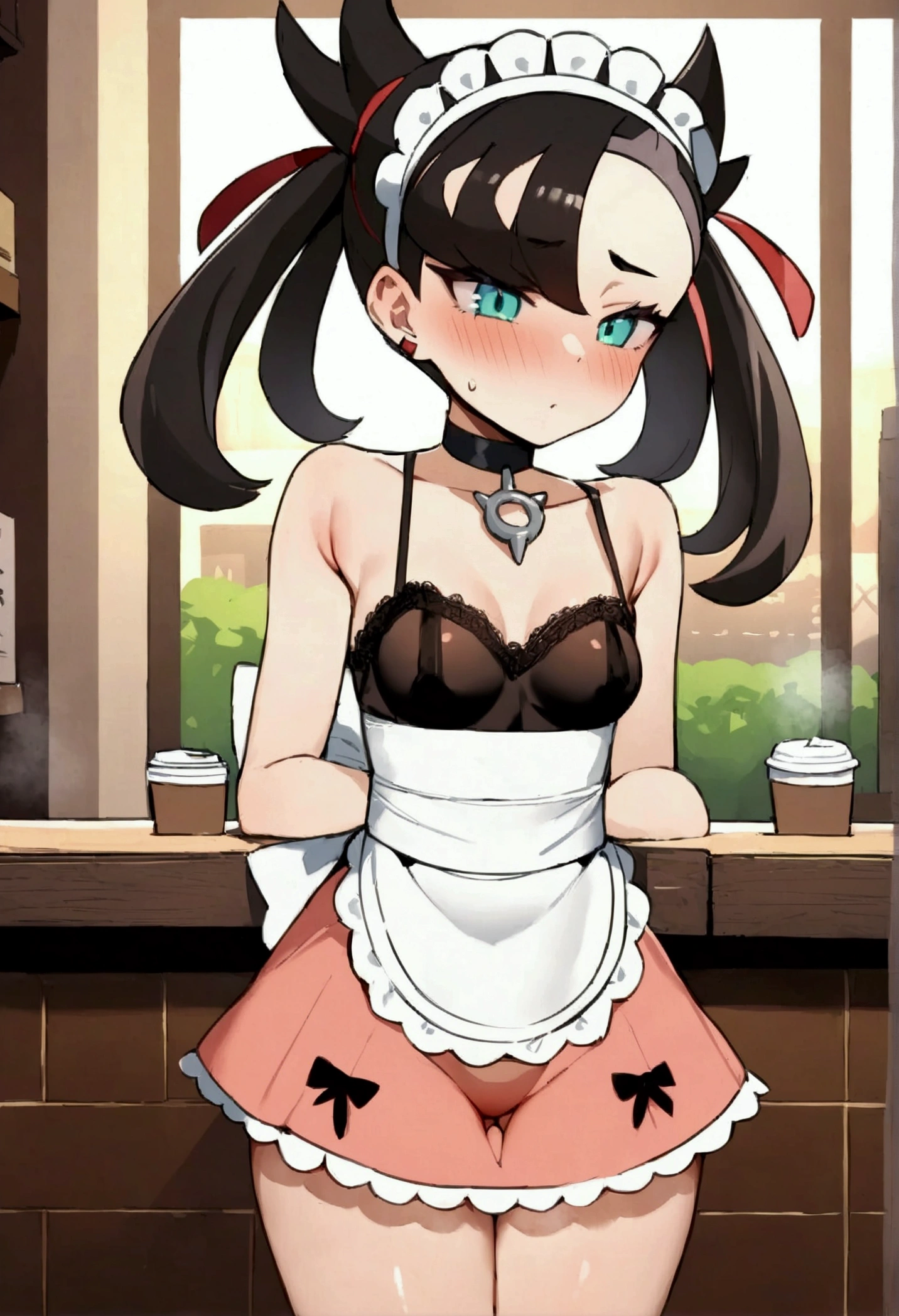 NSFW,masterpiece,Highest quality,High resolution,Super detailed,marnie_\(pokemon\),Aqua Eye, Black Choker, Red ribbon,Classic maid outfit,mesh,mini skirt,Headdress,Small breasts,Be nervous,blush,Night coffee shop,Customer Service
