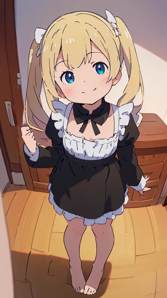((masterpiece))((Highest quality))girl、smile、blush、Flat Chest、Are thin、Blonde Hair、blush、Are standing、Whole body image、Even your toes are visible、Eye level on face、front、No background、真frontのアングル、A black maid outfit full of frills、Twin tails、High angle、Fisheye Lens