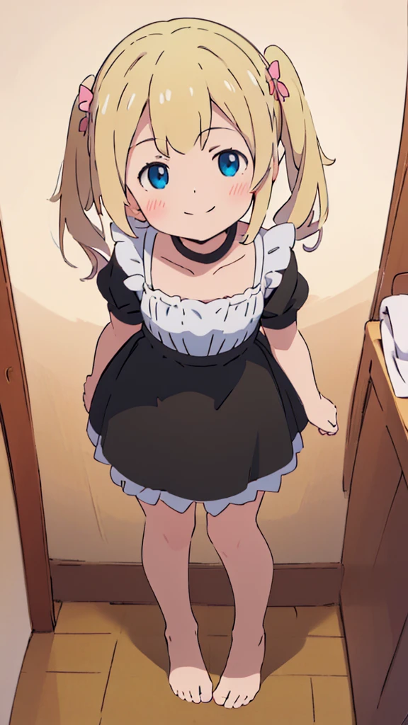 ((masterpiece))((Highest quality))girl、smile、blush、Flat Chest、Are thin、Blonde Hair、blush、Are standing、Whole body image、Even your toes are visible、Eye level on face、front、No background、真frontのアングル、A black maid outfit full of frills、Twin tails、High angle、Fisheye Lens