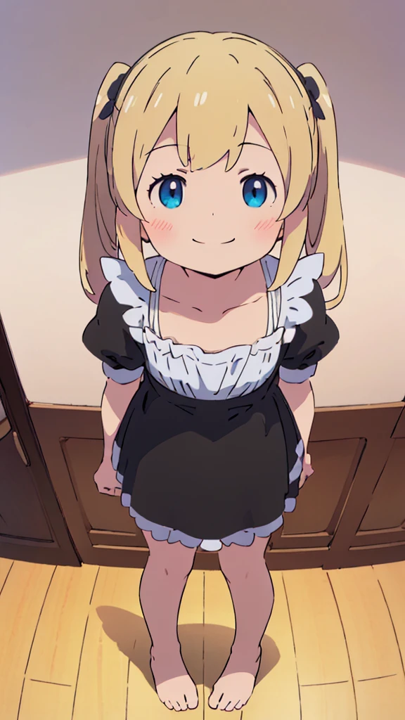 ((masterpiece))((Highest quality))girl、smile、blush、Flat Chest、Are thin、Blonde Hair、blush、Are standing、Whole body image、Even your toes are visible、Eye level on face、front、No background、真frontのアングル、A black maid outfit full of frills、Twin tails、High angle、Fisheye Lens