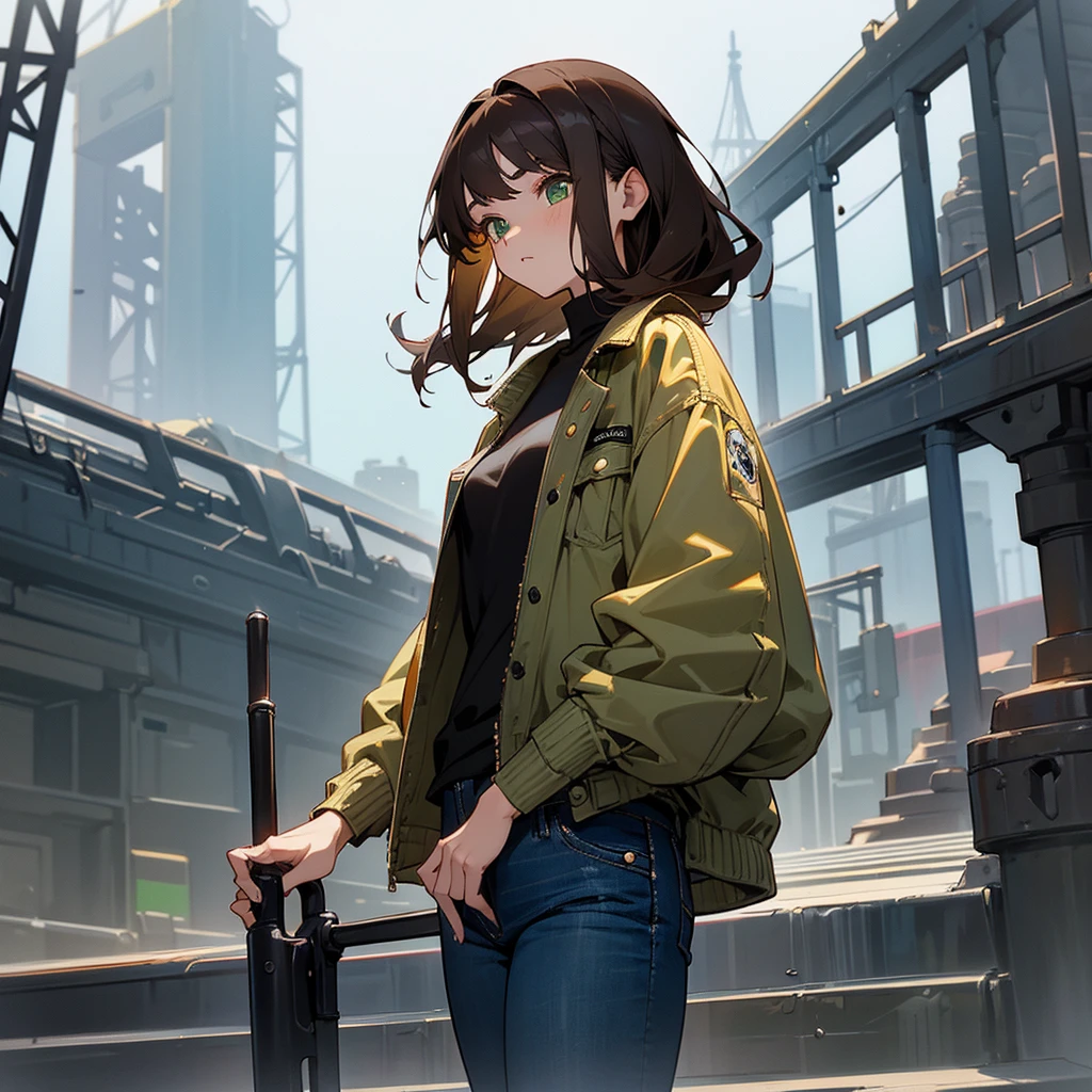 A 14 year old girl with dark brown hair, green eyes, open jeans jacket and a black shirt underneath, blue jeans pants and a museum in the background