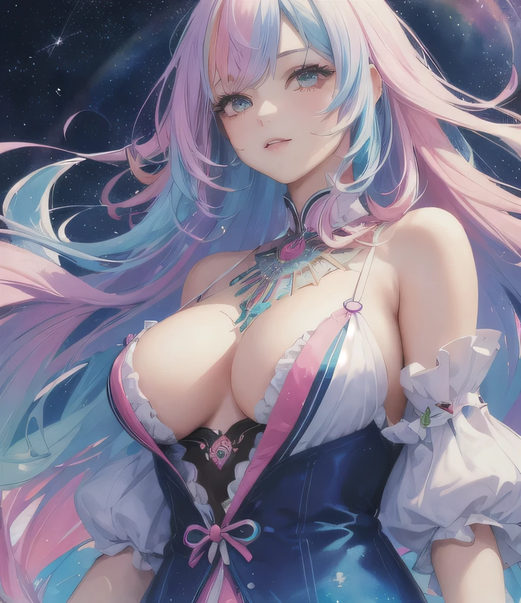 (masterpiece, Highest quality, Highest quality,watercolor (Moderate),Official Art, beautifully、beautiful:1.2),(One Girl:1.3), (Fractal Art:1.3),Upper Body, look up,pattern,(Rainbow Hair,colorful hair,Half blue、Half pink hair:1.2),water,liquid, cloud,colorful, Starry Sky,performer,Large Breasts、tears