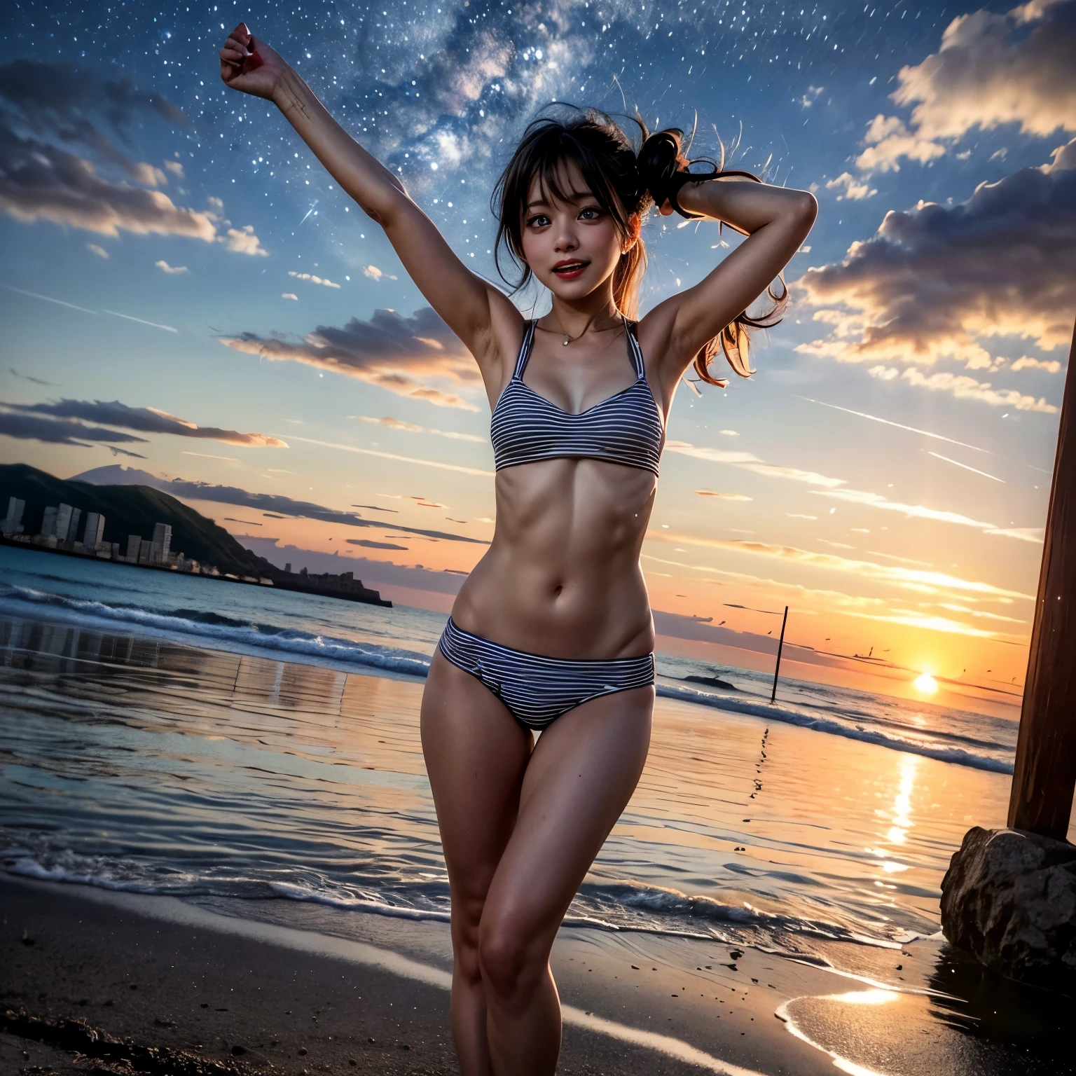 ManoErina, Masterpiece of ProfessionalPhoto ((ExtremelyDetailed (12 PICHIPICHI KAWAII Girls Floating in The Air in a row:1.37) in WHITE at Dusk Enoshima Beach)), {(Standing Full Body:1.2)|(from below:1.2)}, Different types of hair colors, {(skinny(SchoolSwimwear))|(SchoolUniform)with Tiny AthleticShorts}, {Detailed Childish hand|Hidden hand|Armpit|Different types of breasts of various sizes from HUGE to FLAT|(Clearly Visible the shape of Butt)}, Joyful Expressions LifeLike Rendering, PerfectLighting, (Dazzling Horizon Visible through ThighGap), (Starry IridescentParticles:1.22) ColorfulClouds