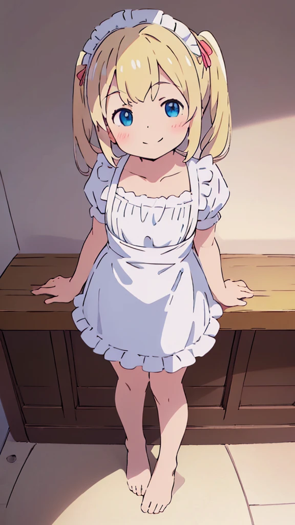 ((masterpiece))((Highest quality))girl、smile、blush、Flat Chest、Are thin、Blonde Hair、blush、Are standing、Whole body image、Even your toes are visible、Eye level on face、front、No background、真frontのアングル、A black maid outfit full of frills、Twin tails、High angle、Fisheye Lens