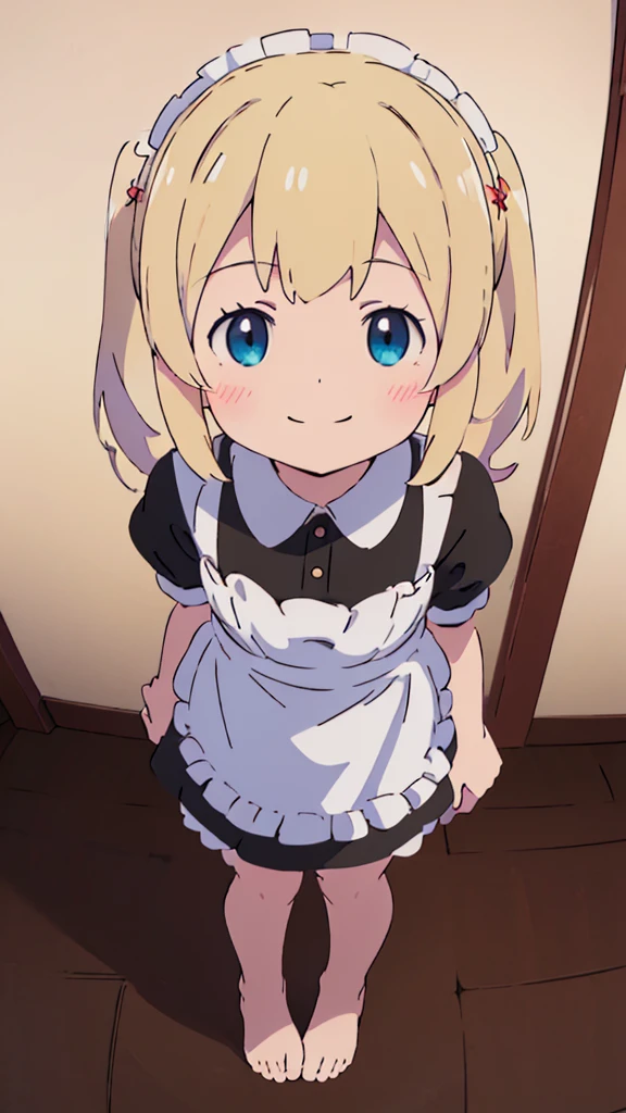 ((masterpiece))((Highest quality))girl、smile、blush、Flat Chest、Are thin、Blonde Hair、blush、Are standing、Whole body image、Even your toes are visible、Eye level on face、front、No background、真frontのアングル、A black maid outfit full of frills、Twin tails、High angle、Fisheye Lens