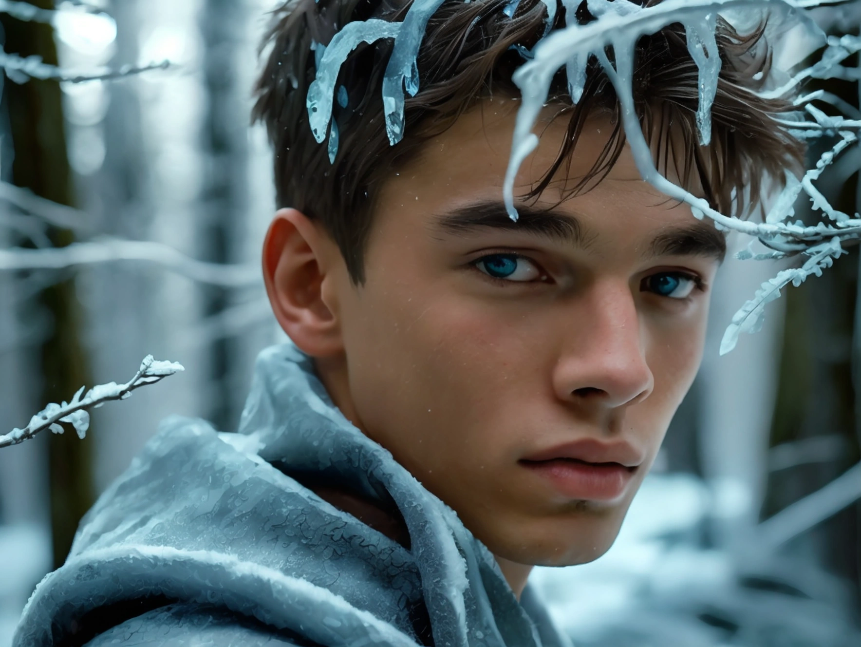 full body, Realistic photo of solo handsome teenage men ,casting a wind spell ,ice forest