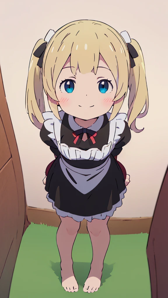 ((masterpiece))((Highest quality))girl、smile、blush、Flat Chest、Are thin、Blonde Hair、blush、Are standing、Whole body image、Even your toes are visible、Eye level on face、front、No background、真frontのアングル、A black maid outfit full of frills、Twin tails、High angle、Fisheye Lens