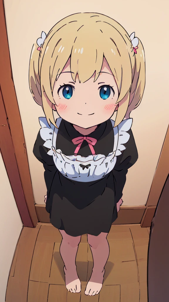 ((masterpiece))((Highest quality))girl、smile、blush、Flat Chest、Are thin、Blonde Hair、blush、Are standing、Whole body image、Even your toes are visible、Eye level on face、front、No background、真frontのアングル、A black maid outfit full of frills、Twin tails、High angle、Fisheye Lens