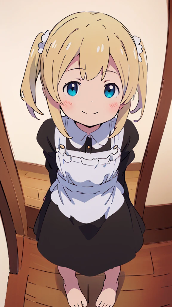((masterpiece))((Highest quality))girl、smile、blush、Flat Chest、Are thin、Blonde Hair、blush、Are standing、Whole body image、Even your toes are visible、Eye level on face、front、No background、真frontのアングル、A black maid outfit full of frills、Twin tails、High angle、Fisheye Lens