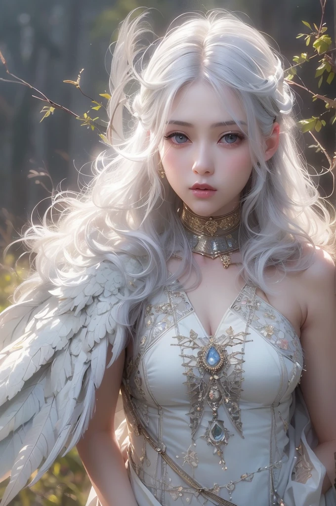 Night view、(White Wings 1.2),(White feathers falling in the background 1.1)， （（masterpiece））， （detailed：1.4），Realistic、 Beautiful Woman Images，High resolution（High Dynamic Range），Ray Tracing，NVIDIA，Super Resolution，PBR Textures，Post-processing，Anisotropic Filtering，Maximum depth of field resolution and crisp layer textures，Albedo and Specular Maps，Surface Shading，Accurate simulation of material interactions，Perfect balance，Rendering with Octane，2-color light，Large diameter，Low ISO，White balance，Rule 3 points、8K raw data、Backlight、（Gray hair that changes with light、length bangs that block the view、length, In the forest surrounded by white mist,One girl, alone, Age 25,(short hair),(White Hair),((Young body type 0.5)),(Flat Chest 0.9),非常にdetailedな肌と顔の質感:1.3, 超detailedな顔, detailedな手と指, detailedな目, (Inuit traditional clothing),Keep God,Cute and slim goddess, Fair skin, (Calm:0.9, Totally captivates you:1.0) Lustrous gray hair、Smooth and straight hair、WHITE hair fluttering in the wind、Beautiful Bangs）、（Beautiful white and shining skin、Cheek gloss highlighter、Sexy and very beautiful and adorable face、The most beautiful face in the world、big, Sparkling Blue Eyes）、From the side
