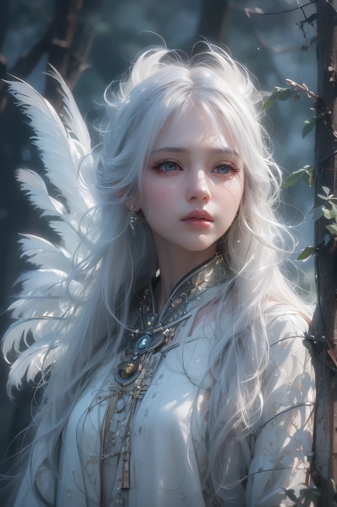 Night view、(White Wings 1.2),(White feathers falling in the background 1.1)， （（masterpiece））， （detailed：1.4），Realistic、 Beautiful Woman Images，High resolution（High Dynamic Range），Ray Tracing，NVIDIA，Super Resolution，PBR Textures，Post-processing，Anisotropic Filtering，Maximum depth of field resolution and crisp layer textures，Albedo and Specular Maps，Surface Shading，Accurate simulation of material interactions，Perfect balance，Rendering with Octane，2-color light，Large diameter，Low ISO，White balance，Rule 3 points、8K raw data、Backlight、（Gray hair that changes with light、length bangs that block the view、length, In the forest surrounded by white mist,One girl, alone, Age 25,(short hair),(White Hair),((Young body type 0.5)),(Flat Chest 0.9),非常にdetailedな肌と顔の質感:1.3, 超detailedな顔, detailedな手と指, detailedな目, (Inuit traditional clothing),Keep God,Cute and slim goddess, Fair skin, (Calm:0.9, Totally captivates you:1.0) Lustrous gray hair、Smooth and straight hair、WHITE hair fluttering in the wind、Beautiful Bangs）、（Beautiful white and shining skin、Cheek gloss highlighter、Sexy and very beautiful and adorable face、The most beautiful face in the world、big, Sparkling Blue Eyes）、From the side
