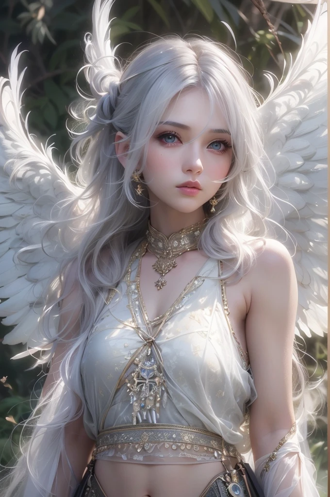 Night view、(White Wings 1.2),(White feathers falling in the background 1.1)， （（masterpiece））， （detailed：1.4），Realistic、 Beautiful Woman Images，High resolution（High Dynamic Range），Ray Tracing，NVIDIA，Super Resolution，PBR Textures，Post-processing，Anisotropic Filtering，Maximum depth of field resolution and crisp layer textures，Albedo and Specular Maps，Surface Shading，Accurate simulation of material interactions，Perfect balance，Rendering with Octane，2-color light，Large diameter，Low ISO，White balance，Rule 3 points、8K raw data、Backlight、（Gray hair that changes with light、length bangs that block the view、length, In the forest surrounded by white mist,One girl, alone, Age 25,(short hair),(White Hair),((Young body type 0.5)),(Flat Chest 0.9),非常にdetailedな肌と顔の質感:1.3, 超detailedな顔, detailedな手と指, detailedな目, (Inuit traditional clothing),Keep God,Cute and slim goddess, Fair skin, (Calm:0.9, Totally captivates you:1.0) Lustrous gray hair、Smooth and straight hair、WHITE hair fluttering in the wind、Beautiful Bangs）、（Beautiful white and shining skin、Cheek gloss highlighter、Sexy and very beautiful and adorable face、The most beautiful face in the world、big, Sparkling Blue Eyes）、From the side
