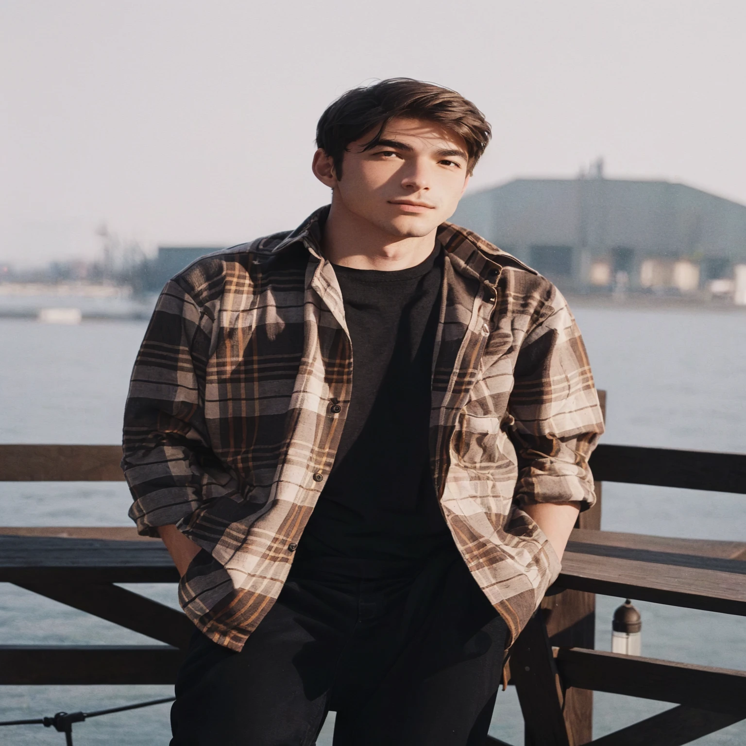 il y a un homme debout sur un banc en bois au bord de l&#39;eau, Johnny Wan, jeremy cheung, portant une chemise en flanelle, joongwon charles jeong, Éric Hu, beau menton de Chad, Michael Okuda, Ruben Wu, Christophe Cao, Kousuke Oono, Hyung Tae, Tomohiro Shimoguchi, Naoki Ikushima, Kévin encore, TaeJune Kim