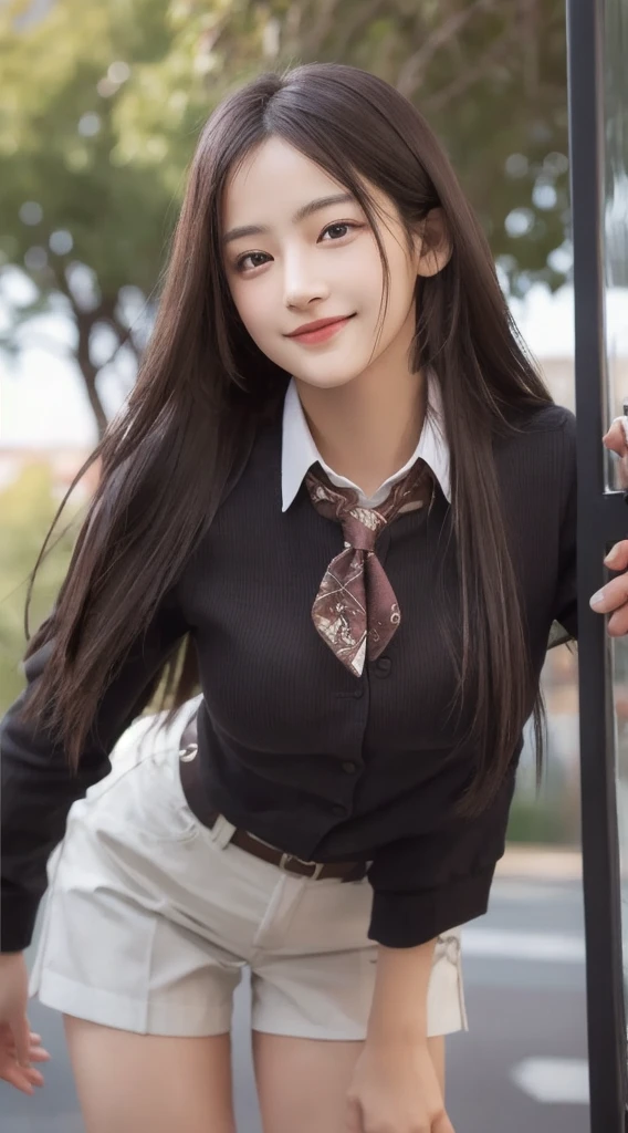 Photorealistic, masutepiece, Best Quality, Raw photo, 1girl in, Solo, Long hair, Brown hair, Detailed face, alluring face, mournful smile、From thigh up、Collared shirt, medium breasts, Dynamic Pose, Looking at Viewer, From below, Detailed background, fine detailed, intricate detailes, Ray tracing, depth of fields, lowkey, nffsw