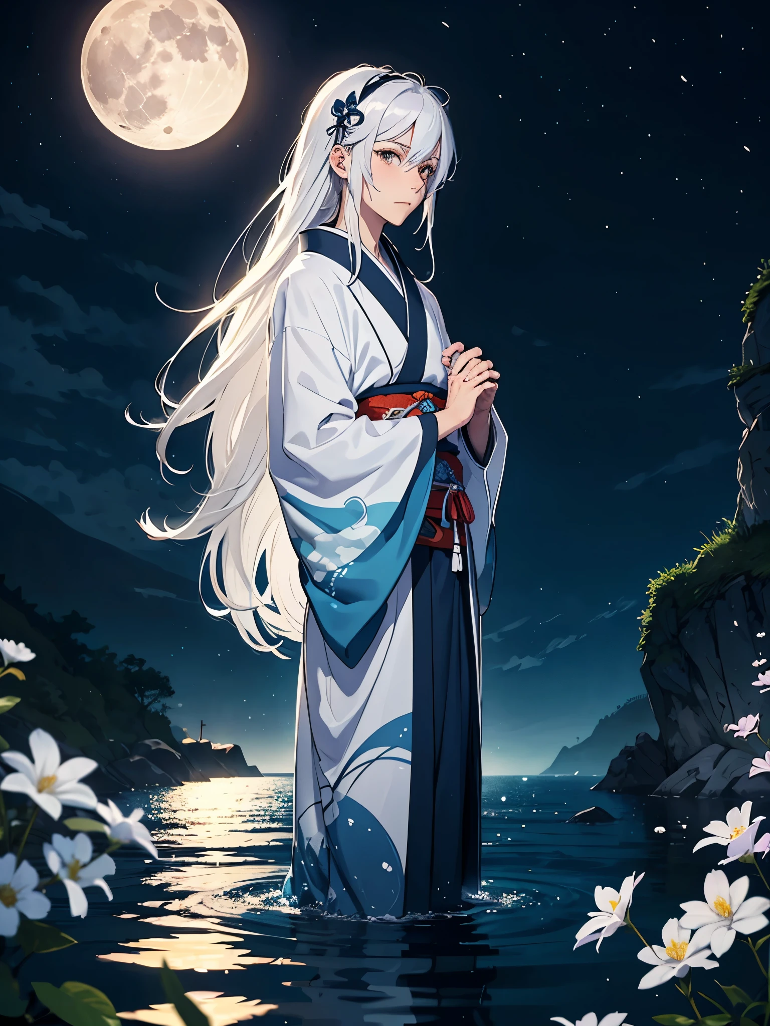 Japanisches Tor. Tori. Blue wolf. Kimono. . More anime. light blue light. Bright bright light. magical. Moon. White flowers. male. Long hair. long white hair. aquatic, boy, God of the Moon, silver hair accessories, White hair.