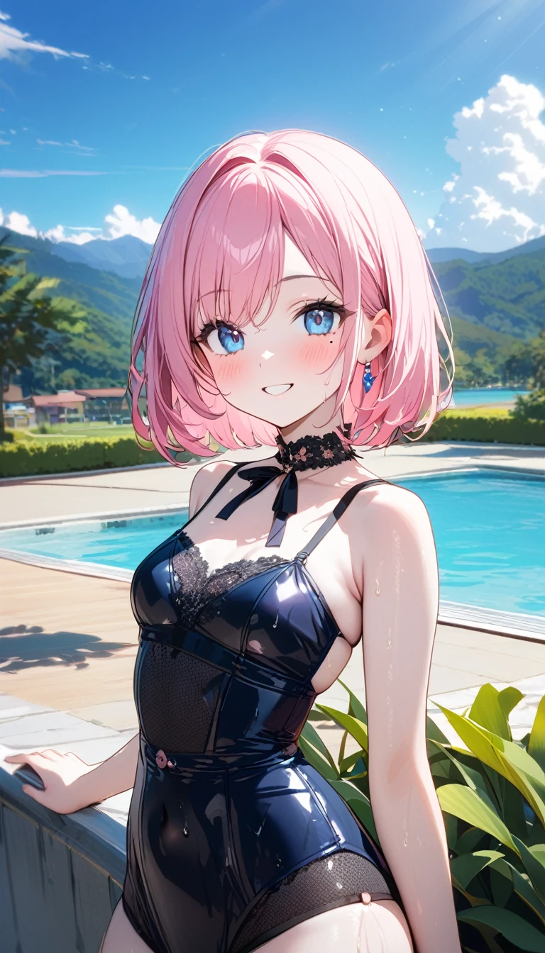 (1 girl),(Best Picture Quality, 8K, Masterpiece:1.3), (high school student:1.5), ((pink lob hair:1.1)), (bob cut),(swept bangs), (cute eyes, pupil black, iris skyblue, youthful face), (mole under right eye), (standard weight), (small breasts), (glistening skin:1.1),(pale skin:1.2),((Nymphet fashion:1.3)),(wet:1.1),((summer scene:1.2)),(magnificent view),(overlooking),(Smile).