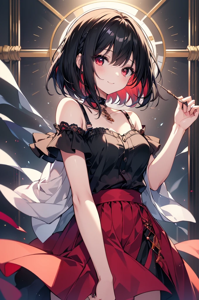 (masterpiece, highest quality, highest quality, (No text), Beautiful and aesthetic:1.2),No text,アニメ、BREAK,One Girl，Black Hair Girl　short hair　older sister　choker　Beautiful eyes　Red eyes　cool　smile　Red and Black　mini skirt　whole body　In town