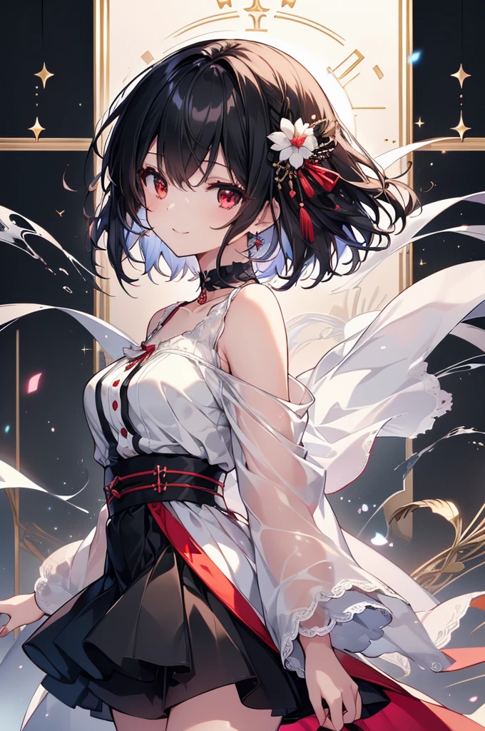 (masterpiece, highest quality, highest quality, (No text), Beautiful and aesthetic:1.2),No text,アニメ、BREAK,One Girl，Black Hair Girl　short hair　older sister　choker　Beautiful eyes　Red eyes　cool　smile　Red and Black　mini skirt　whole body　In town