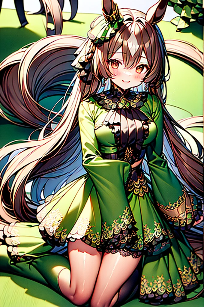 masterpiece, High resolution, Long Hair, Half Up, Braiding, Hair between the eyes, Animal ears, earrings, Horse tail, chest, Frills, Black Ascot, Green Dress, (Sleeves are longer than the wrist:1.2), Black knee socks, Vibrant colors, whole body, Outdoor, (大きなchest:0.8), smile
