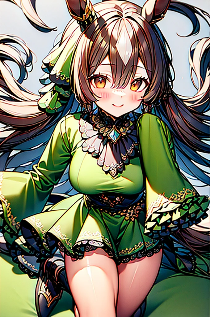 masterpiece, High resolution, Long Hair, Half Up, Braiding, Hair between the eyes, Animal ears, earrings, Horse tail, chest, Frills, Black Ascot, Green Dress, (Sleeves are longer than the wrist:1.2), Black knee socks, Vibrant colors, whole body, Outdoor, (大きなchest:0.8), smile