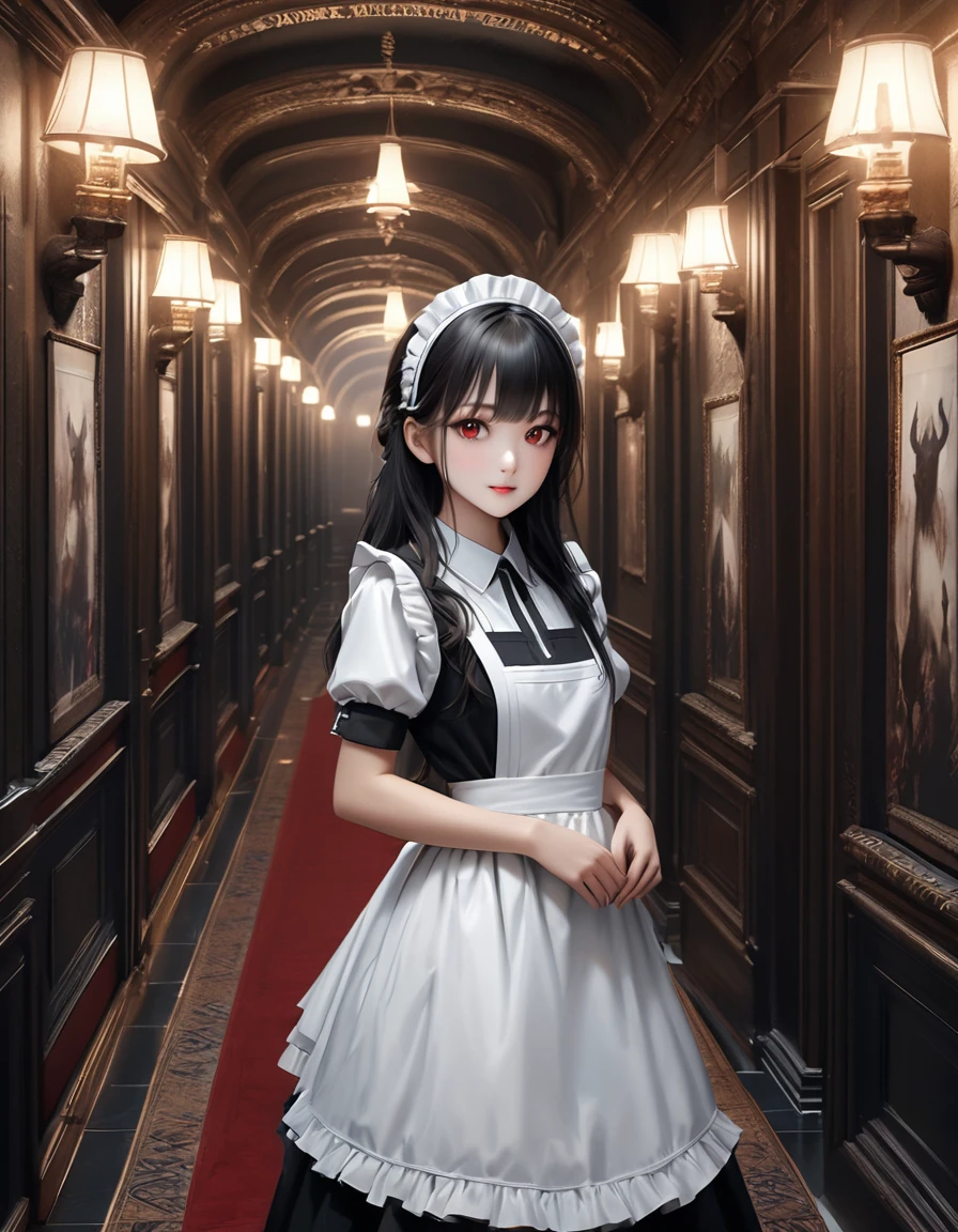 high quality, detailed, Realistic,(25 years old beautiful maid), (detailed dark red eyes), (black long hair),large beasts,(shiny skin),dark night palace corridor, candle,best quality,4k,8k,highres,masterpiece:1.2),ultra-detailed,(realistic,photorealistic,photo-realistic:1.37), looking at viewer,