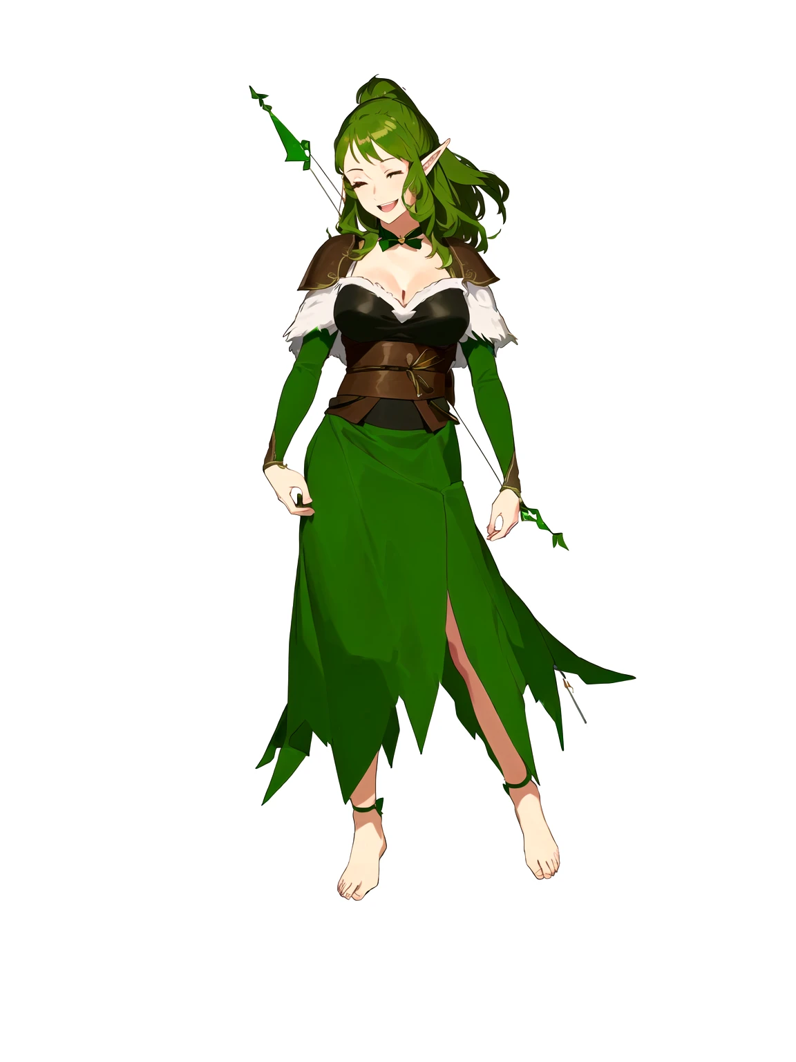 Anime, 1girl, 1woman, there is a woman dressed in a green dress with a bow and arrow, female forest archer, wood elf, (((mad))) elf princess, forest hunter lady, female elfling, female earth mage, female elf, beautiful wood elf, half elf woman, elven princess, elven warrior princess, elf princess knight, elf princess, female druid, forest dryad, (her right eye was closed, her left eye was open, she was laughing)
