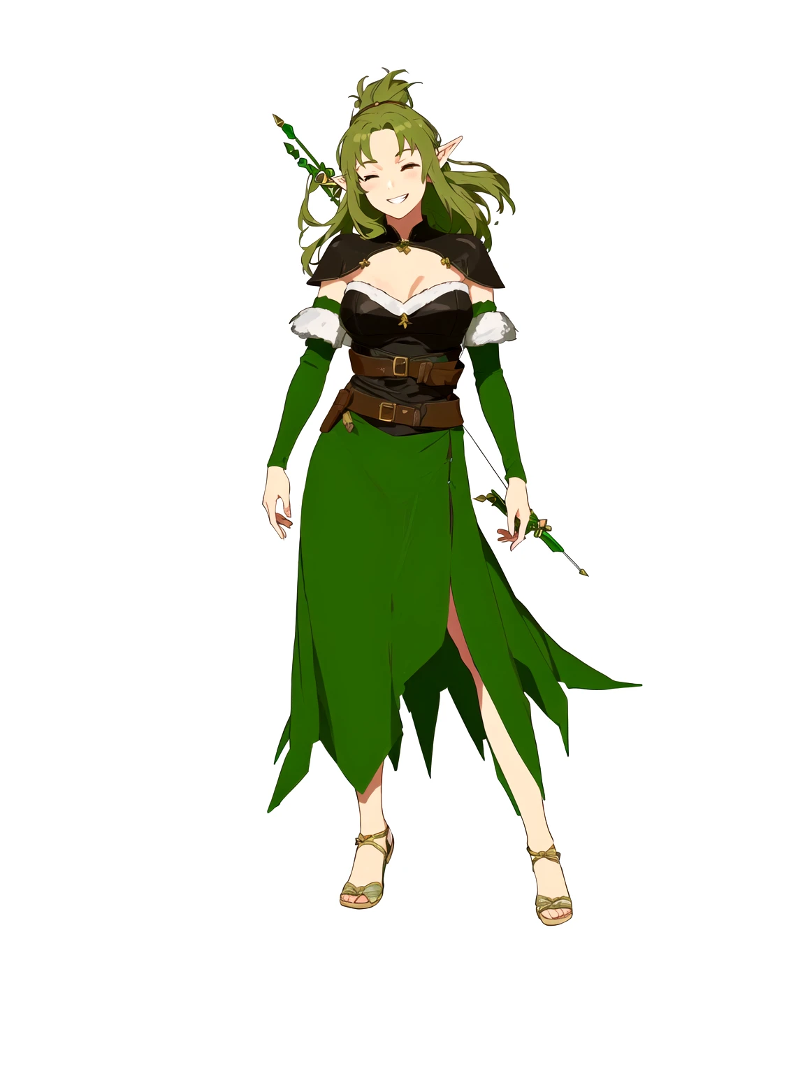 Anime, 1girl, 1woman, there is a woman dressed in a green dress with a bow and arrow, female forest archer, wood elf, (((mad))) elf princess, forest hunter lady, female elfling, female earth mage, female elf, beautiful wood elf, half elf woman, elven princess, elven warrior princess, elf princess knight, elf princess, female druid, forest dryad, (her right eye was closed, her left eye was open, she was laughing)