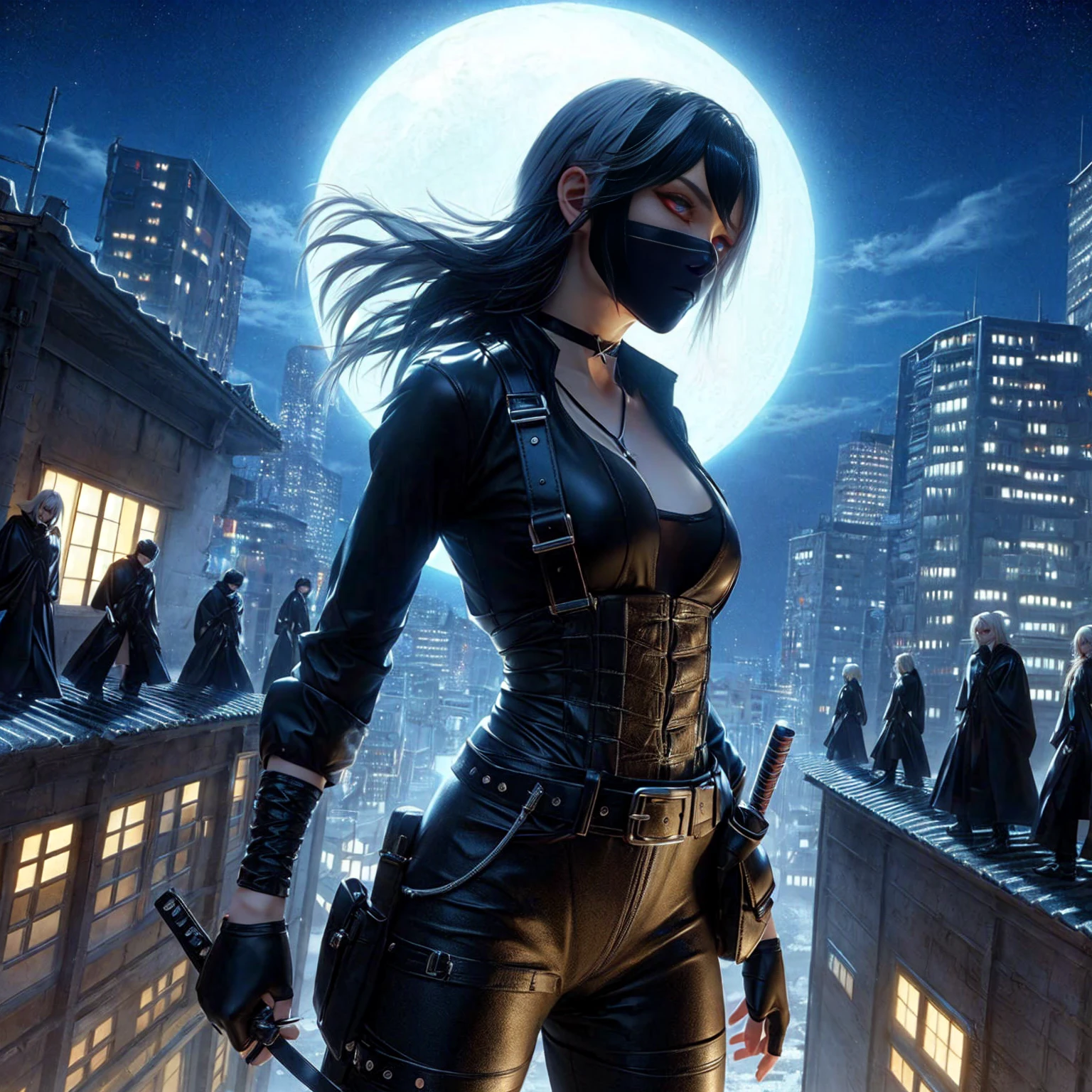 Realistic black leather leotard  ,white hair,black hair , Black leather strap on the female body, realistic anime ,Red Sharingan Eyes
