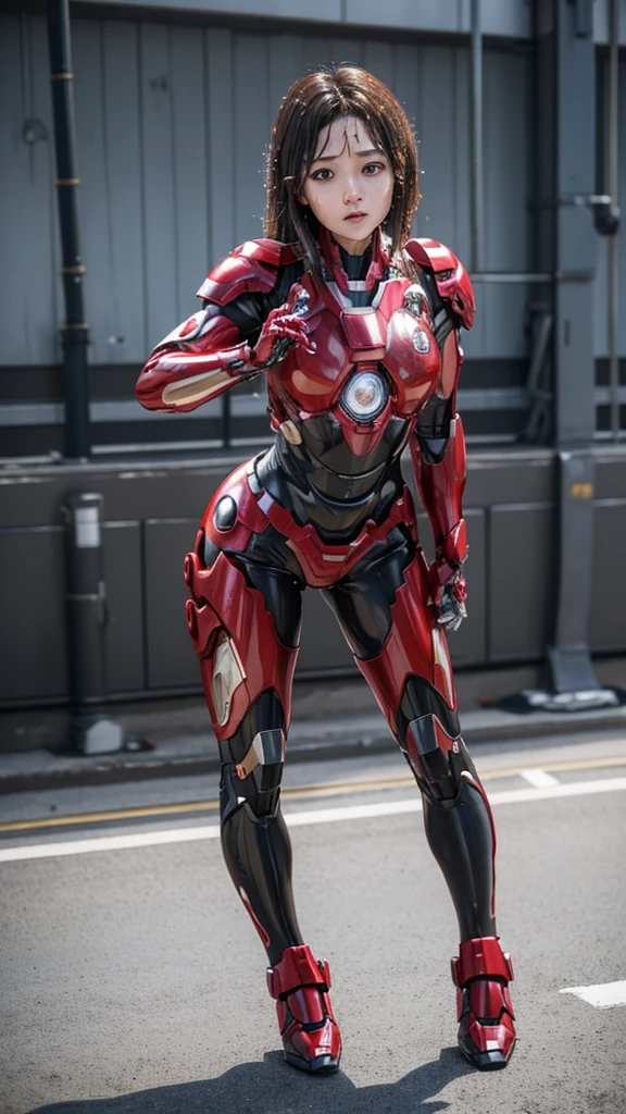 Female Iron Man(Red and Black)、shine、Shortcuts、Textured skin, Super detailed, Attention to detail, high quality, 最high quality, High resolution, 1080P, hard disk, beautiful,(Gundam),beautifulサイボーグ女性,Mecha Cyborg Girl,Battle Mode,Woman with a mechanical body,Full Body Shot、、Expression of bitterness、Sweaty face、、Squint your eyes、、humid、Soaking wet、、Steam coming out of the head、Spread your legs、((Head in full body tights with only the face showing))Soaking wet　Many people are wearing the same clothes