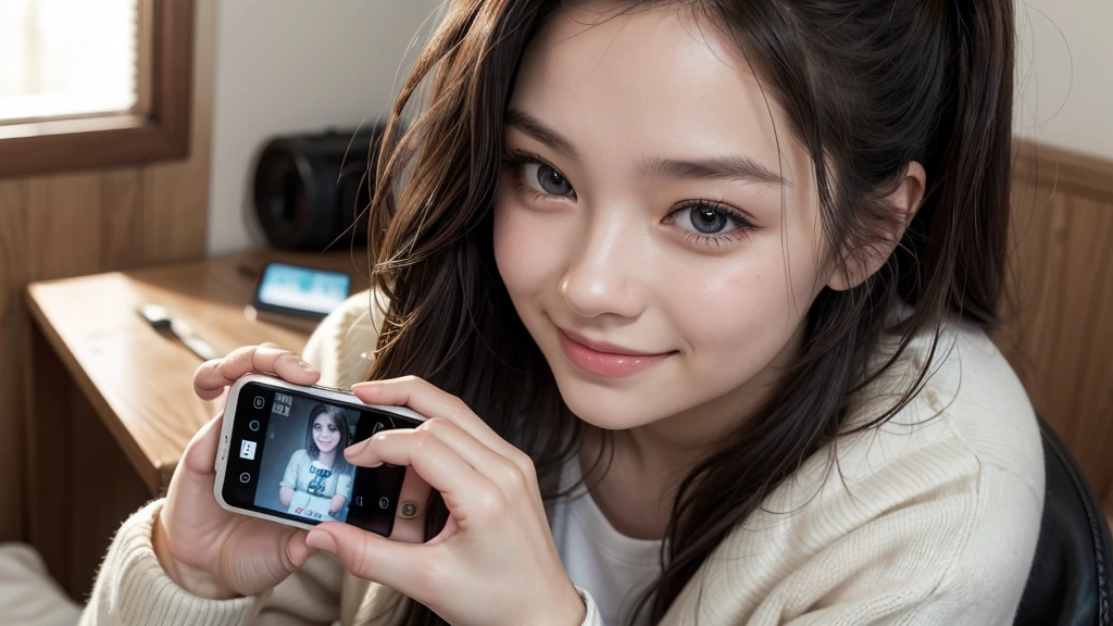A young woman taking a picture of her drawing with her phone, smiling, with social media icons subtly in the background.