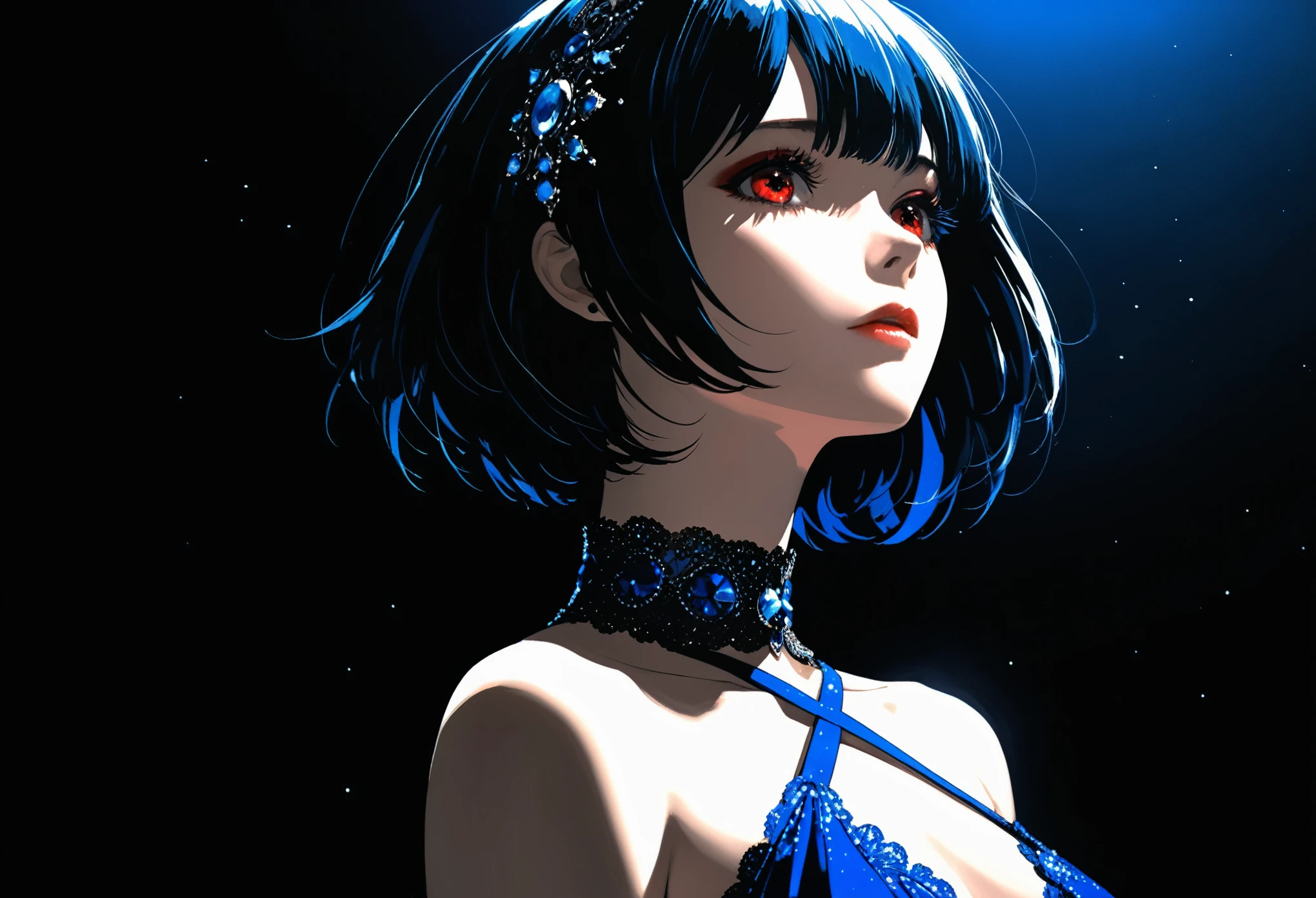 in style of Harry Clarke,(in style of Ashley Wood:1.1), 1 Girl,（90 degree tilt of neck，Face up：1.8）， criss-cross_halter，Large area black background,Asymmetrical composition，The character is on one side，look at sky，short blue bobcut hair, shinny Red eyes, (From below:1.3)，Divine top light，arrange hair，