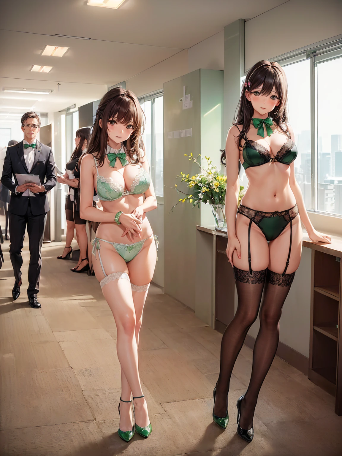 ((一人のWoman in underwearはセクシーにOffice corridorを歩いている:1.8), Beautiful Anime Women, Beautiful art style, Anime characters, ((Smooth texture, Realistic texture, Anime CG Style)), ((Highest quality)), (Very detailed), (Very detailed CG 統合 8k 壁紙), Very detailed, High-resolution RAW color photos, Professional photography, (Brown Hair, Stylish hairstyle:1.1), Great face and eyes, Beautiful and big breasts, Slender body, (Stunningly beautiful woman), (Detailed face:1.2), (Office corridor, Many men in suits are walking in the background, There is a window in the hallway:1.3), ((Bow tie around neck:1.3), (Black high heels:1), (Sexy and cute jade underwear:1.3), (Stylish shiny jade satin panties, Side-tie panties, Panties with plain jade in the center and lace decoration on the sides:1.3), (Thin panties:1.3), (Jade Micro Lace Satin Bra, Jade bra with lace trim, Thin bra:1.3), (lace garter belt, Garter Strings, Black knee socks:1.3):1.3), (naked, Woman in underwear, Women wear only bras, panties, knee socks and garter belts:1.5), Exact number of arms, Exact number of legs, Perfect Anatomy, (Embarrassed expression, Surprised expression), Angle from the front, Exact finger count、Exact number of legs、(Exact number of arms:1.0, Exact number of hands:1.0), (Perfect hands, Perfect Anatomy)