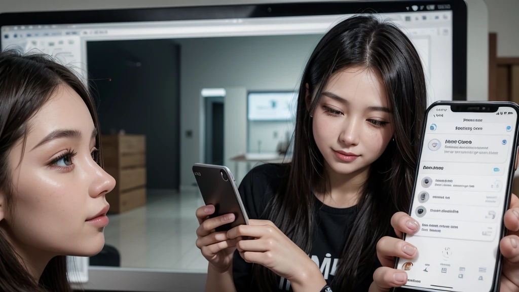 "A young woman looking at her phone screen with excitement, showing notifications and messages from followers and clients."