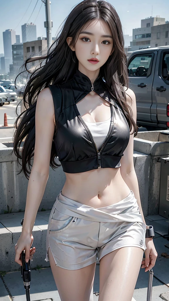 high resolution, 1 woman, hips up, Beautiful eyes, Long hair, jewelry, tattoo, street wear