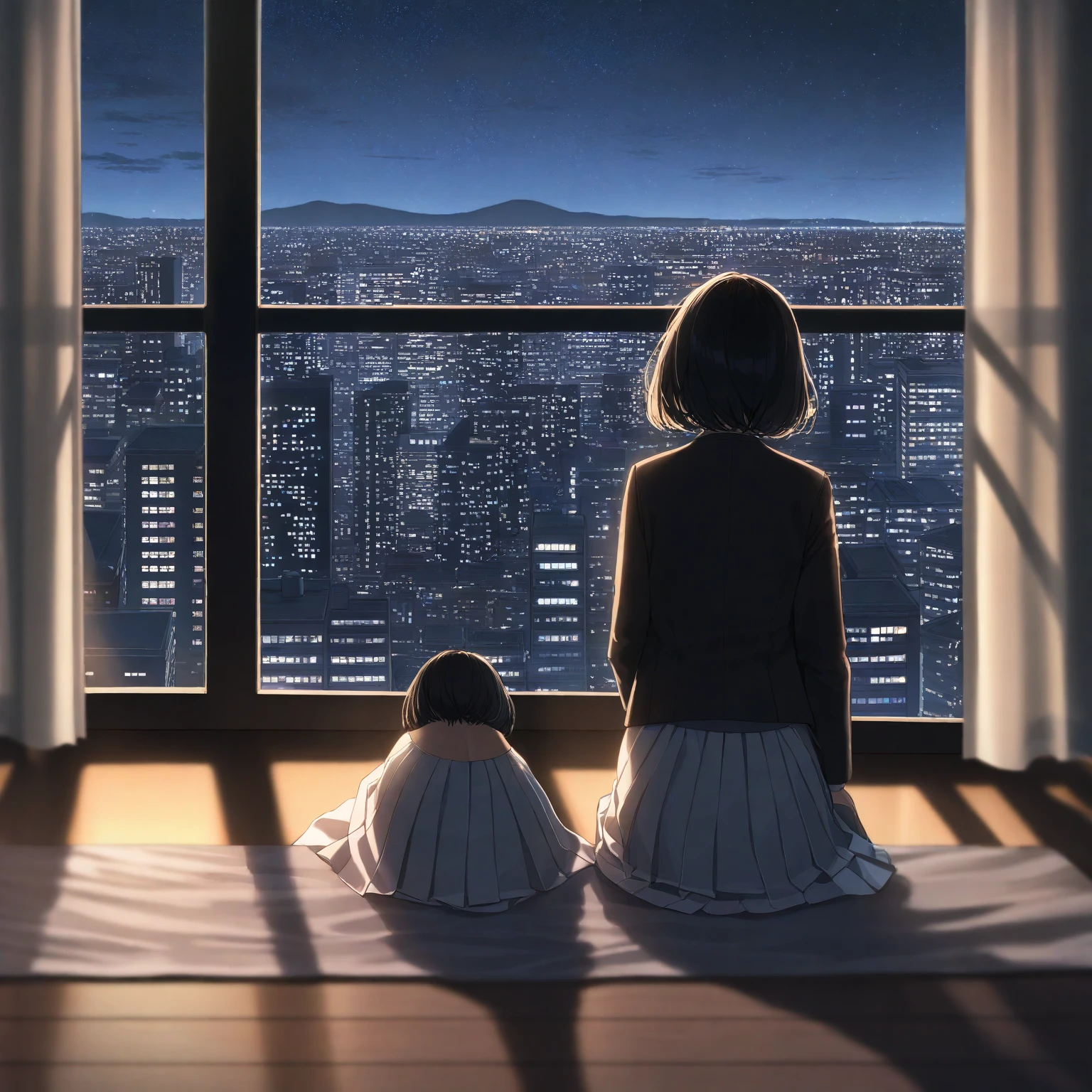 amazing quality, masterpiece, best quality, absurdres, beautiful, detailed shadow, aesthetic, 1girl, solo, curtains, sky, from behind, sitting, short hair, night, window, skirt, facing away, black hair, scenery, star (sky), indoors, night sky, dark, cityscape, jacket, wind, white skirt, long sleeves, starry sky, blurry, building,