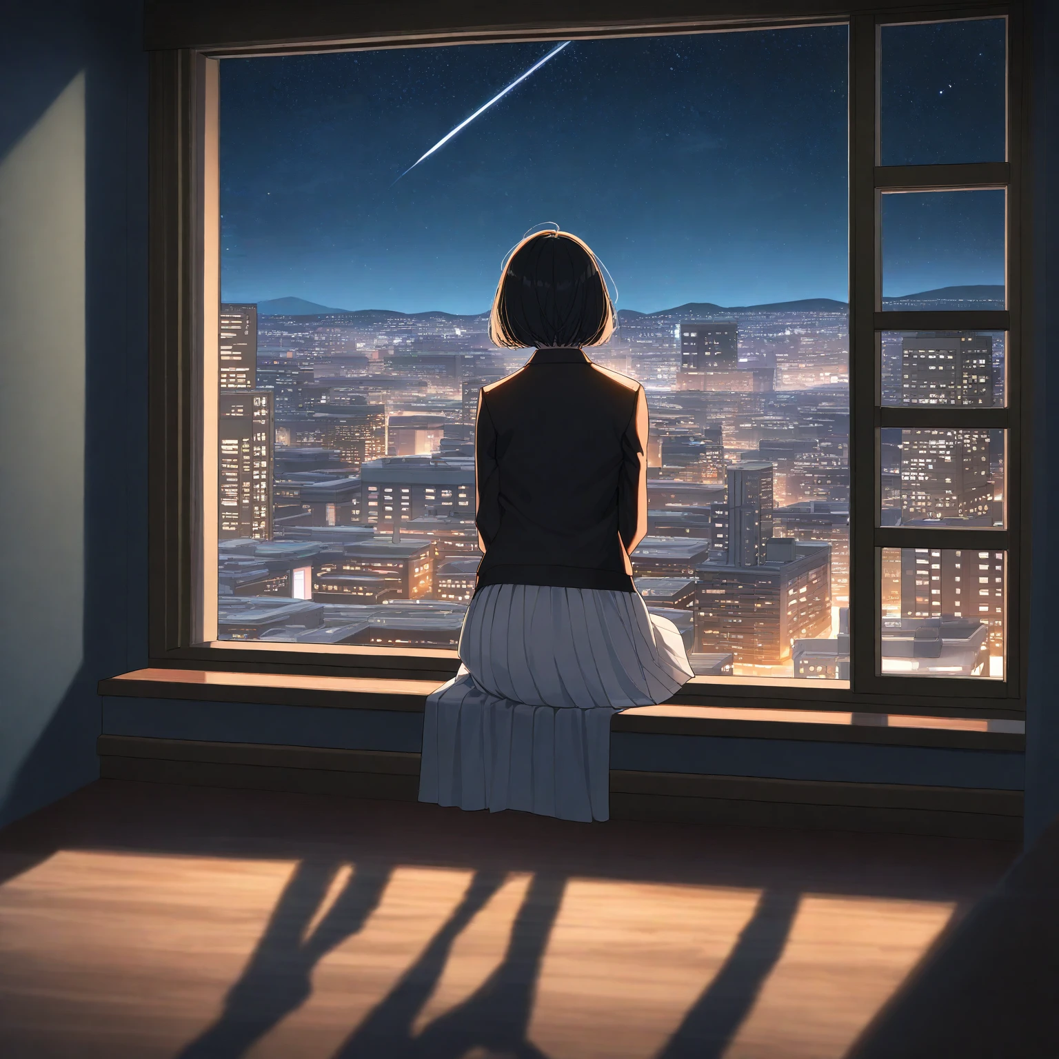 amazing quality, masterpiece, best quality, absurdres, beautiful, detailed shadow, aesthetic, 1girl, solo, curtains, sky, from behind, sitting, short hair, night, window, skirt, facing away, black hair, scenery, star (sky), indoors, night sky, dark, cityscape, jacket, wind, white skirt, long sleeves, starry sky, blurry, building,